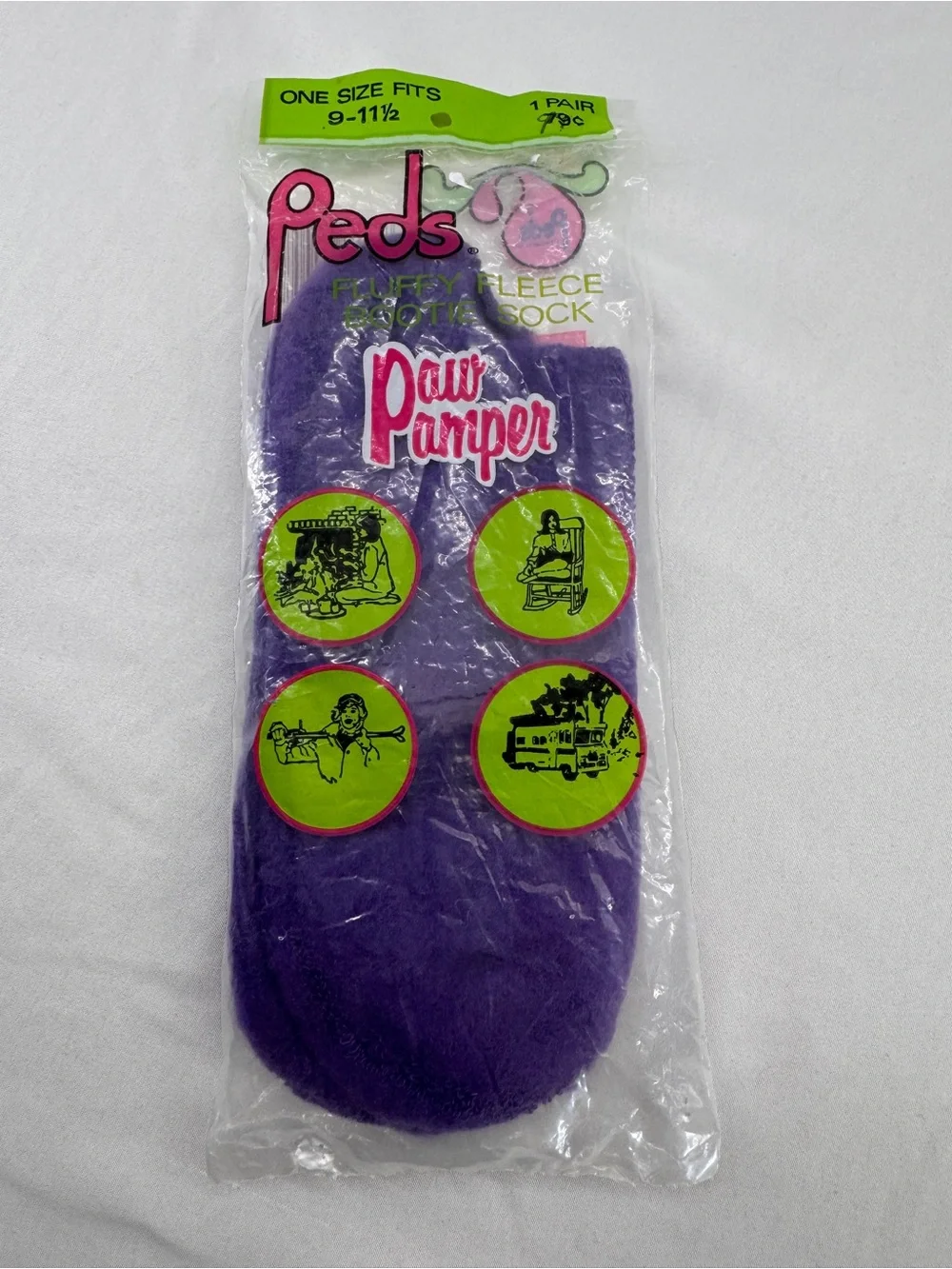 Vintage 1980's Peds Paw Pamper Fluffy Fleece Bootie Sock NOS Purple Size 9-11.5